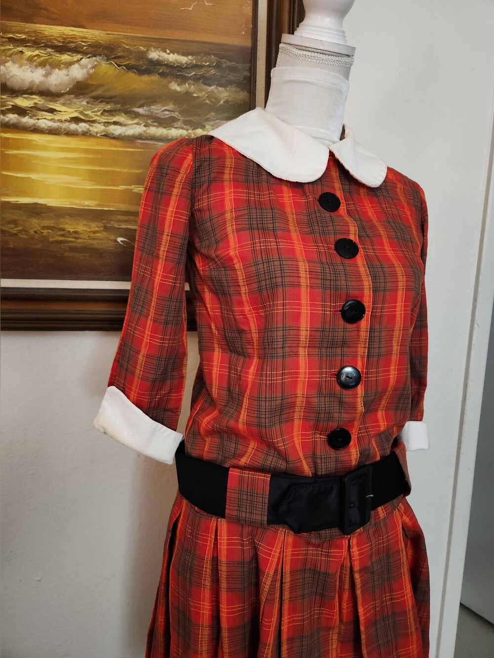 Vintage 1960s Red Plaid Drop Waist Button Front Belted Pleated Dress - Picture 9 of 15